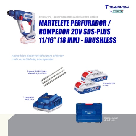 Martelete Perfurador/Rompedor 18mm 20V 2.0Ah + 2 Baterias + Carregador 110/220V e Maleta 42305/122 TRAMONTINA MASTER-433858a1-78ba-4b20-9823-83c104264ae7