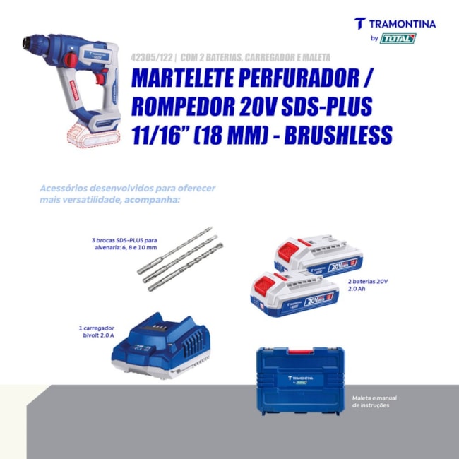 Martelete Perfurador/Rompedor 18mm 20V 2.0Ah + 2 Baterias + Carregador 110/220V e Maleta 42305/122 TRAMONTINA MASTER-57893d03-ad48-4d72-b045-2d0d8cf64d71