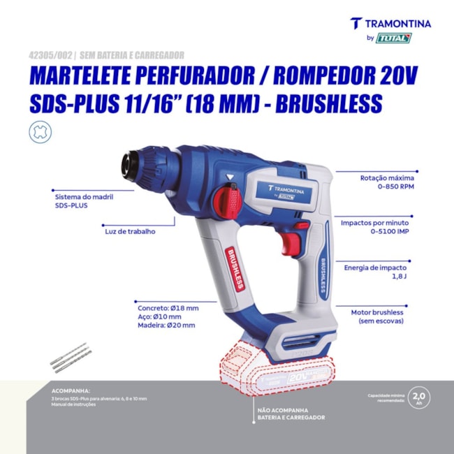 Martelete Perfurador/Rompedor 18mm 20V sem Bateria e Carregador 42305/002 TRAMONTINA MASTER-8090e606-5381-479c-9919-f32274590f75