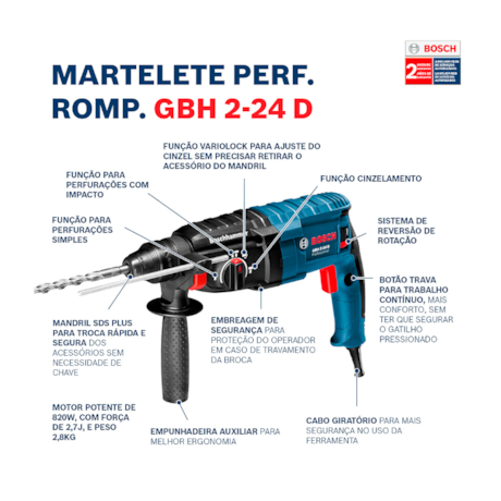 Martelete Perfurador Rompedor 24mm 820W GBH 2-24 D BOSCH-c4822e1c-5766-4366-abc0-4ac8141bed71