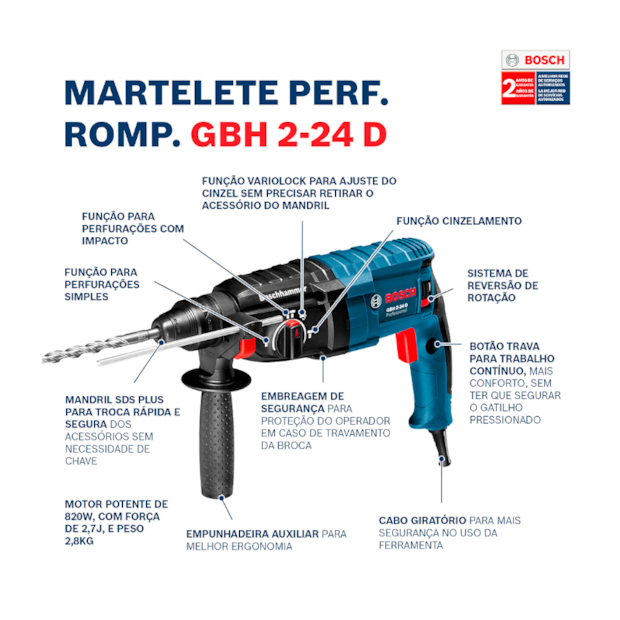 Martelete Perfurador Rompedor 24mm 820W GBH 2-24 D BOSCH-cfa71a12-0a2f-4e1a-aeba-dd3abe9c3842