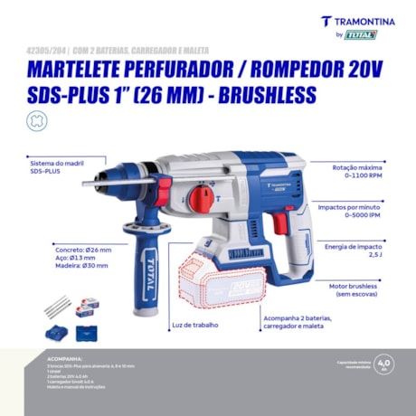 Martelete Perfurador/Rompedor 26mm 20V 4.0Ah + 2 Baterias + Carregador 110/220V e Maleta 42305/204 TRAMONTINA MASTER-c91db772-4c61-47b4-b98a-8ac20c210a83