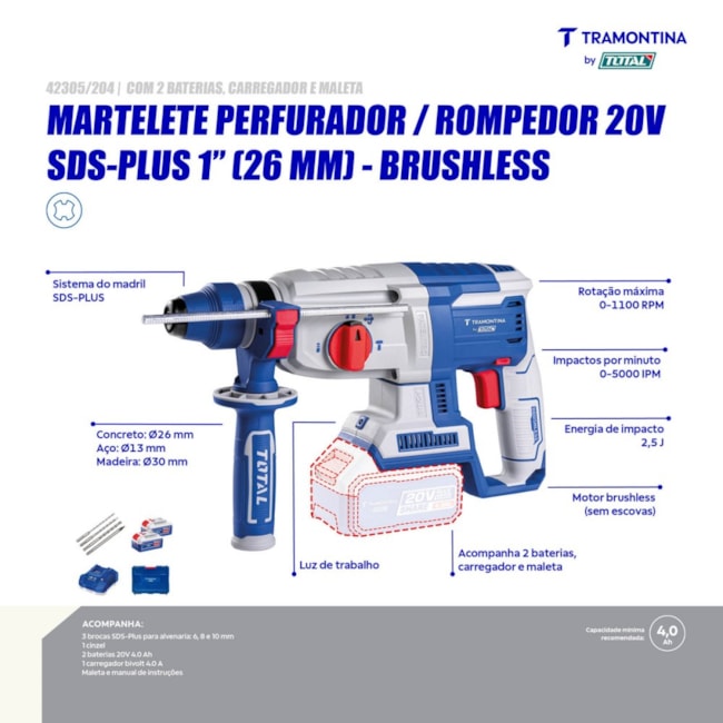 Martelete Perfurador/Rompedor 26mm 20V 4.0Ah + 2 Baterias + Carregador 110/220V e Maleta 42305/204 TRAMONTINA MASTER-42a3992c-438a-43f5-a7e6-097ccec2ac68