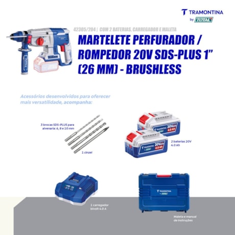 Martelete Perfurador/Rompedor 26mm 20V 4.0Ah + 2 Baterias + Carregador 110/220V e Maleta 42305/204 TRAMONTINA MASTER-403ecd48-a7ae-42cd-a842-e04ba7a94514