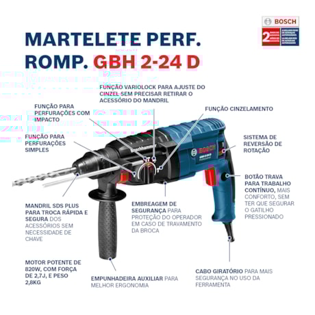 Martelete Perfurador Rompedor 820W 24mm e Maleta GBH2-24D BOSCH-c88ac995-9a2c-44fb-b0c6-3e6ca7d40bc6