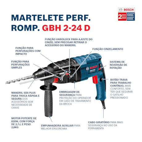 Martelete Perfurador Rompedor 820W 24mm e Maleta GBH2-24D BOSCH-3b87a118-b004-4208-9681-b1cb4d4cb4e5