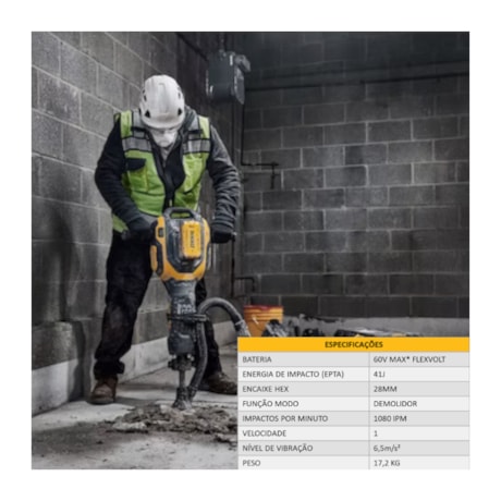 Martelo Demolidor Hexagonal S/Fio 60V MAX 41J EPTA Brushless 15 Kg DCH966B-B3 DEWALT-d2276b90-d848-402d-b2ee-4966723513ce