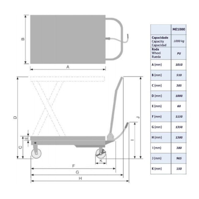 Mesa Hidráulica Pantográfica 1000Kg 1000mm Roda Poliuretano ME1000 BOVENAU-e57a2b9e-994f-48e3-baed-3e61799735fc