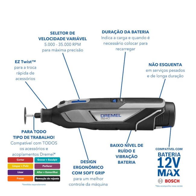 Micro Retífica 35.000RPM 12V sem Bateria sem Carregador F0138240LA 8240 SB DREMEL-5c81310b-0185-45ba-9ba6-315bd60a95dd