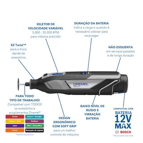 Micro Retífica 35.000RPM 12V sem Bateria sem Carregador F0138240LA 8240 SB DREMEL-71de5094-0a9a-4a67-92fb-9ca7881fe4b5