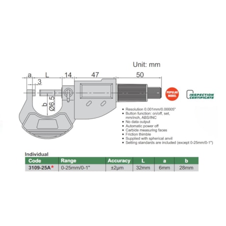 Micrômetro Digitai Externo 0 a 25mm 0.001mm 3109-25A INSIZE-71fa8408-7eca-41c6-a286-4723510ad263