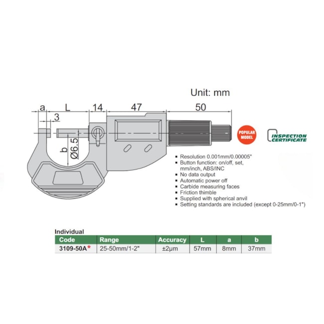 Micrômetro Digitai Externo 25 a 50mm 0.001mm 3109-50A INSIZE-54a962cc-6781-40bb-bd74-2cd55552719d