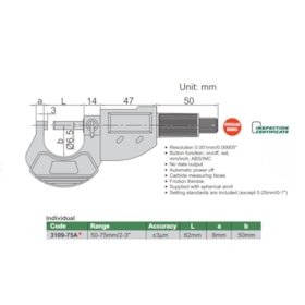 Micrômetro Digitai Externo 50 a 75mm 0.001mm 3109-75A INSIZE