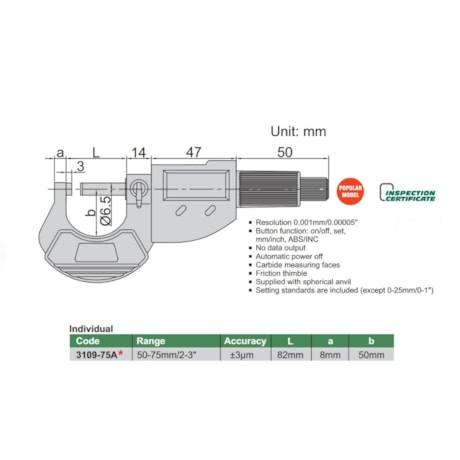 Micrômetro Digitai Externo 50 a 75mm 0.001mm 3109-75A INSIZE-bb43ca19-7976-4f89-8fe6-b92f76ab669c