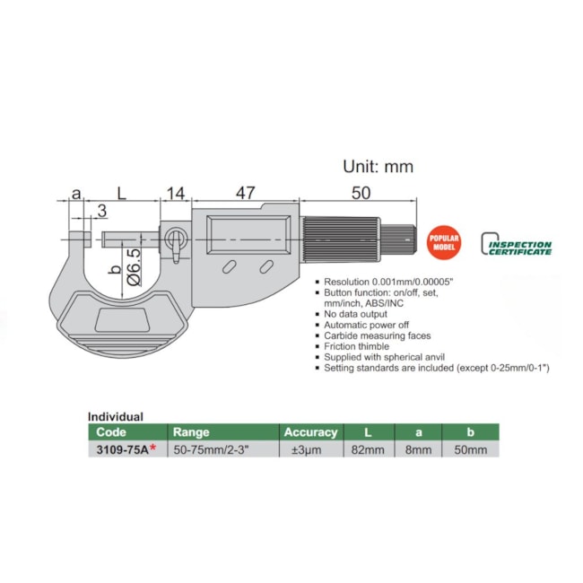 Micrômetro Digitai Externo 50 a 75mm 0.001mm 3109-75A INSIZE-c53d8df2-7db4-4861-97ae-50441223d3ac