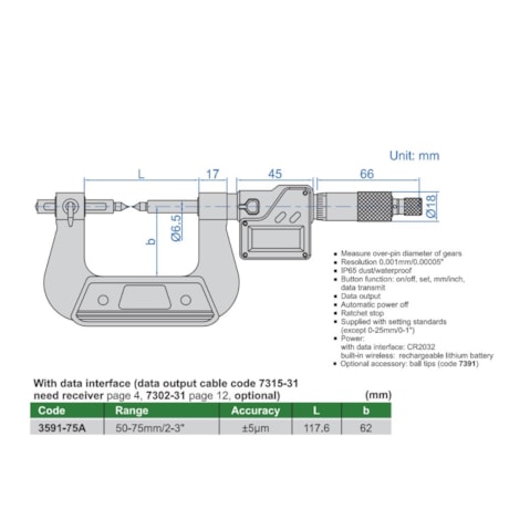 Micrômetro Digital Externo 50 a 75mm 0.001mm para Engrenagem 3591-75A INSIZE-afd39fc3-dcc8-496e-a556-cebfdaea99ba