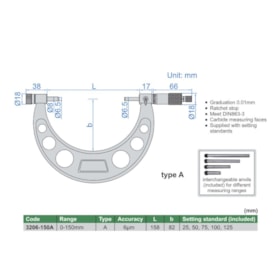 Micrômetro Externo 0 a 150mm 0.01mm 3206-150A INSIZE