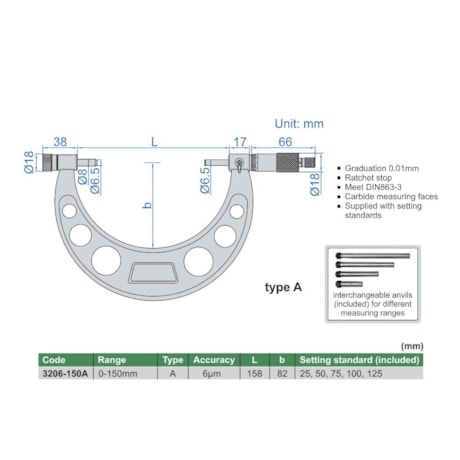 Micrômetro Externo 0 a 150mm 0.01mm 3206-150A INSIZE-04e04894-fa1c-4753-947a-7bd88a068b48