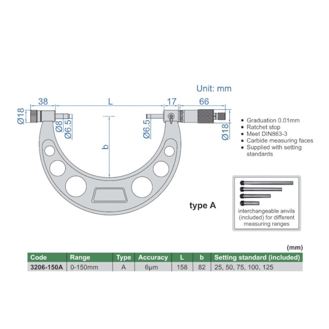 Micrômetro Externo 0 a 150mm 0.01mm 3206-150A INSIZE-f7935f68-0f1c-4431-b50e-42799dfd5a4c