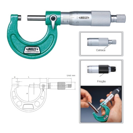 Micrômetro Externo 0 a 25mm 0,01mm 3203-25A INSIZE-1960cf0c-deb2-4323-9505-fdb5d8e4cfa1