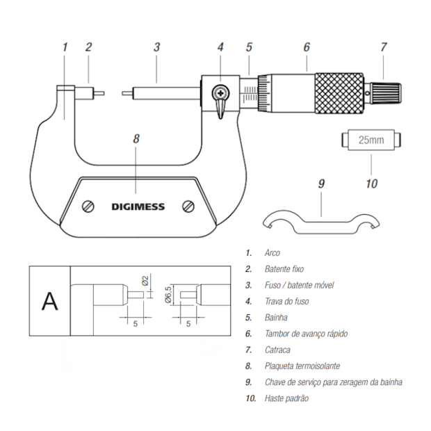 Micrômetro Externo 0 a 25mm/0.01mm Ponta Fina 112.050A DIGIMESS-23e57144-a45d-460c-b7f7-c7df496d87a3