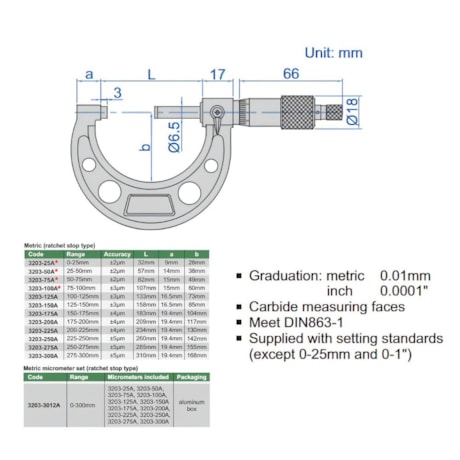 Micrômetro Externo 0 a 300mm 0.01mm com 12 Peças 3203-3012A INSIZE-892d04b0-6cae-48b5-836f-5a8b20d20a82