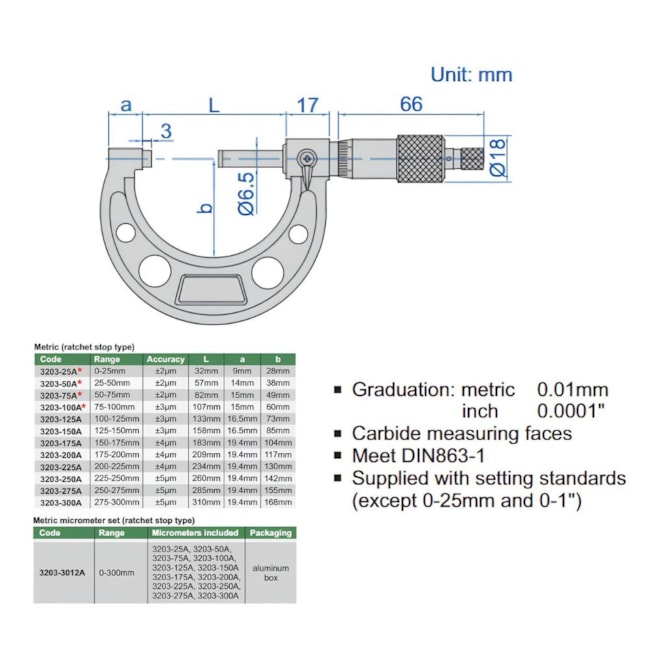 Micrômetro Externo 0 a 300mm 0.01mm com 12 Peças 3203-3012A INSIZE-51204d42-f839-4947-bc40-6e90560020a4