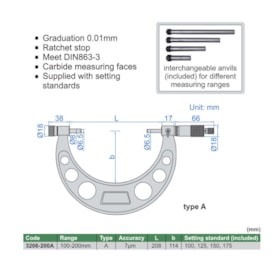 Micrômetro Externo 100 a 200mm 0.01mm 3206-200A INSIZE