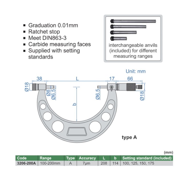 Micrômetro Externo 100 a 200mm 0.01mm 3206-200A INSIZE-dd2c6726-cadd-4ce4-81a3-e4310702786f