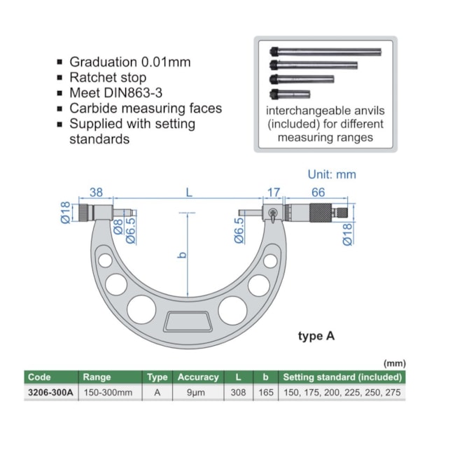 Micrômetro Externo 150 a 300mm 0.01mm 3206-300A INSIZE-4e79722d-7649-44db-8b6c-7cdde68e1390