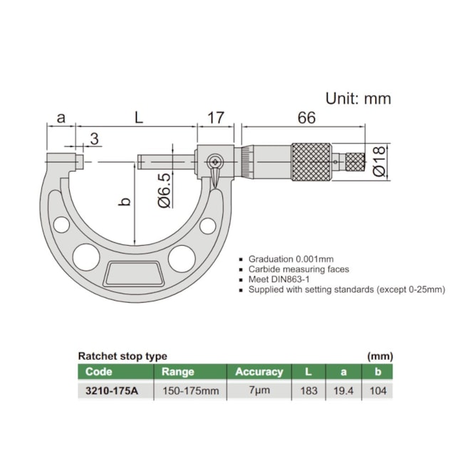 Micrômetro Externo com Graduação 150 a 175mm 0.001mm 3210-175A INSIZE-b470f77a-5eb8-4d09-95e7-5ad296d95c3a