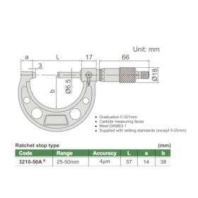 Micrômetro Externo com Graduação 25 a 50mm 0.001mm 3210-50A INSIZE