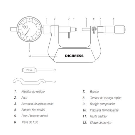 Micrômetro Externo com Relógio Comparador de 0 a 25mm/0.01mm 110.297 DIGIMESS-82b66fac-65f4-446a-8cef-767e5c95d342