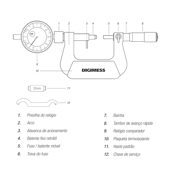 Micrômetro Externo com Relógio Comparador de 0 a 25mm/0.01mm 110.297 DIGIMESS-23f812fd-cd46-4875-ab89-0d8c758b5939