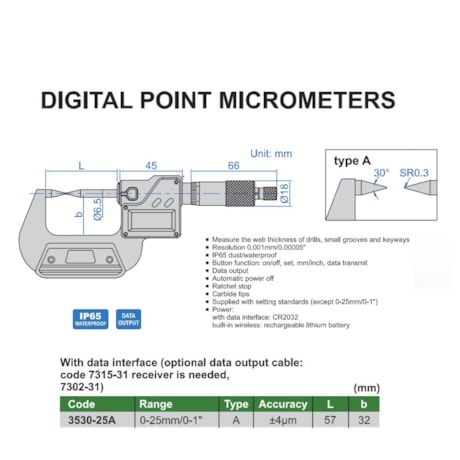 Micrômetro Externo Digita de Ponta 0 a 25mm 0.001mm 30Gr 3530-25A INSIZE-000b193e-610d-4441-aefb-c52209f1b08c