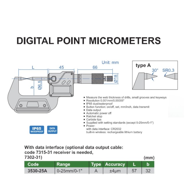 Micrômetro Externo Digita de Ponta 0 a 25mm 0.001mm 30Gr 3530-25A INSIZE-d00f6033-bc7a-415c-9bfb-8fe4262efa3c