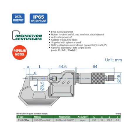 Micrômetro Externo Digital 200 a 225mm 0.001mm IP65 3101-225A INSIZE-f0e9084e-c4ad-4a08-87fa-ab71cbe13317
