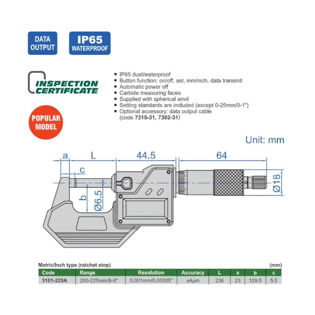 Micrômetro Externo Digital 200 a 225mm 0.001mm IP65 3101-225A INSIZE-50825801-5079-479a-81a7-b8eb3eb216f9