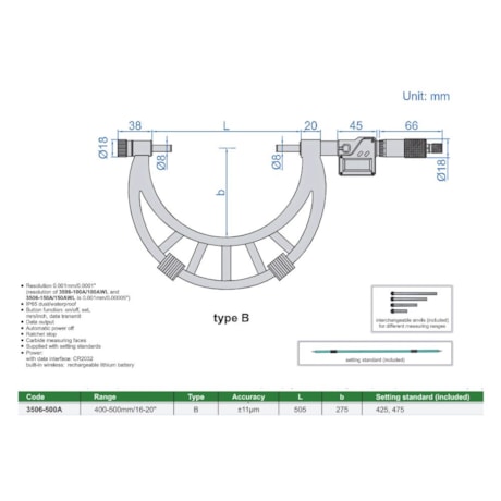 Micrômetro Externo Digital 400 a 500mm 0.001mm 3506-500A INSIZE-4895c0a8-6642-46df-9328-aef01cfe5d83