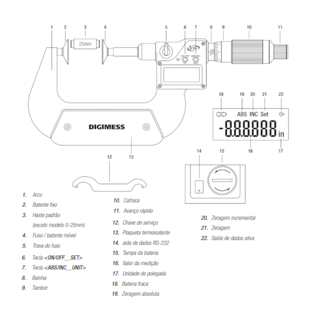 Micrômetro Externo Digital para Engrenagem de 0 a 25mm/0-1