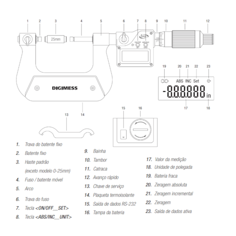 Micrômetro Externo Digital para Medições Diversas 0 a 25mm/0-1