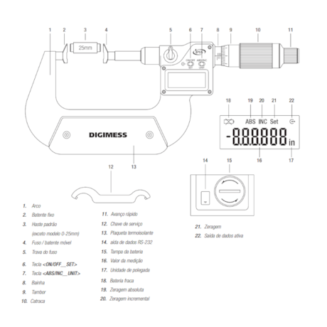 Micrômetro Externo Digital para Ressaltos e Dentes de Engrenagem 0 a 25mm/0-1