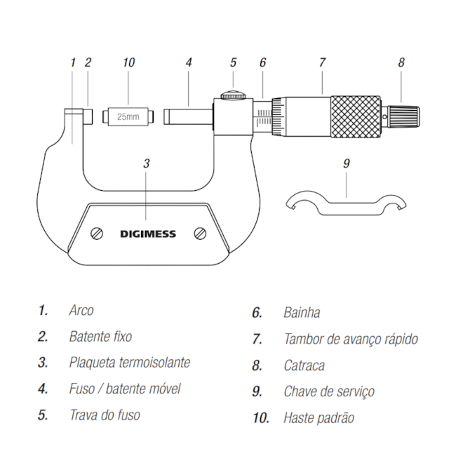 Micrômetro Externo para Canhotos e Destros de 0 a 25mm/0.01mm 110.455 DIGIMESS-49942065-fee2-46ab-898b-eb265990de75
