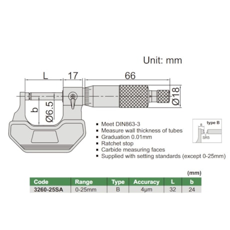 Micrômetro Externo para Tubos com Batente Esférico 0 a 25mm 0.01mm 3260-25SA INSIZE-55d2da8d-fdbc-411e-ae9a-8bba72e99616
