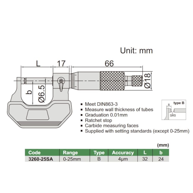Micrômetro Externo para Tubos com Batente Esférico 0 a 25mm 0.01mm 3260-25SA INSIZE-79b9766b-bd77-4748-b4a0-56d8df4f1973