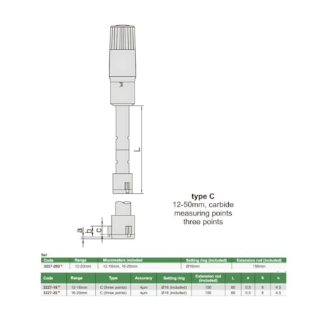 Micrômetro Interno 3 pontas 12 a 20mm 0.005 3227-202 INSIZE
