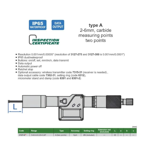 Micrômetro Interno Digital 2 Pontas 5 a 6mm 0.001mm 3127-6 INSIZE-78784507-dd7a-48bb-92fc-bbec333f7e58