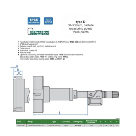 Micrômetro Interno Digital 3 Pontas 100 a 125mm 0.001mm 3127-125 INSIZE-681adc04-5b0a-4dd5-9857-eaca0dfd0e18