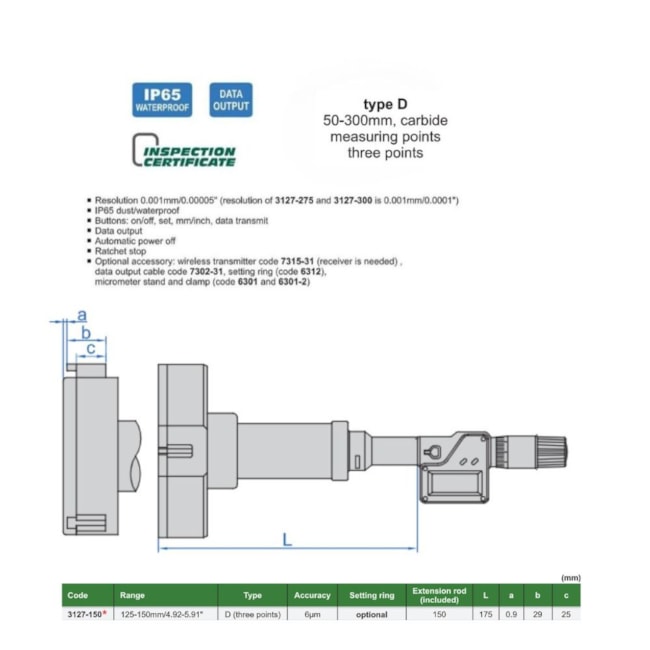 Micrômetro Interno Digital 3 Pontas 125 a 150mm 0.001mm 3127-150 INSIZE-21a76bec-4590-4230-8eb0-4e03f4b08407