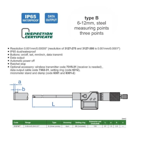 Micrômetro Interno Digital 3 Pontas 6 a 8mm 0.001mm 3127-8 INSIZE-1554b3cf-6073-46ed-8212-c3d6e4fd48bd